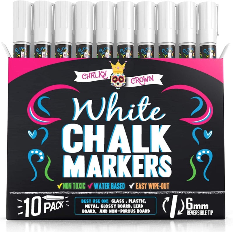 CHALKY CROWN Liquid Chalk Marker Pen - White Dry Erase Marker - Chalk Markers for Chalkboard Signs, Windows, Blackboard, Glass - 6mm Reversible Tip (10 Pack) - Image 1